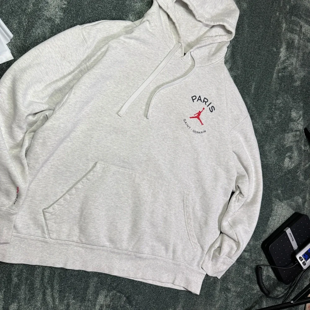 Jordan Fleece Pullover Hoodie Men 2XL Birch Heather Grey PSG Paris 23 Script
